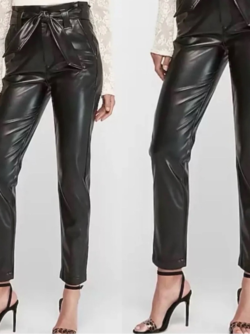 Express Black Faux Leather Ankle Paperbag Pants with Tie